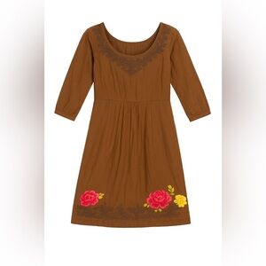 JOHNNY WAS Vintage Brown Floral Abstract Embroidered Y2K Mini Cotton Dress Sz M